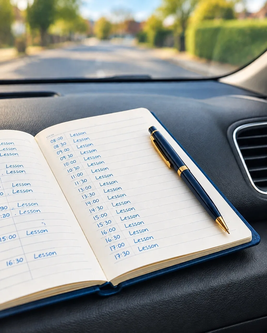 Open driving lesson diary and pen on a car dashboard