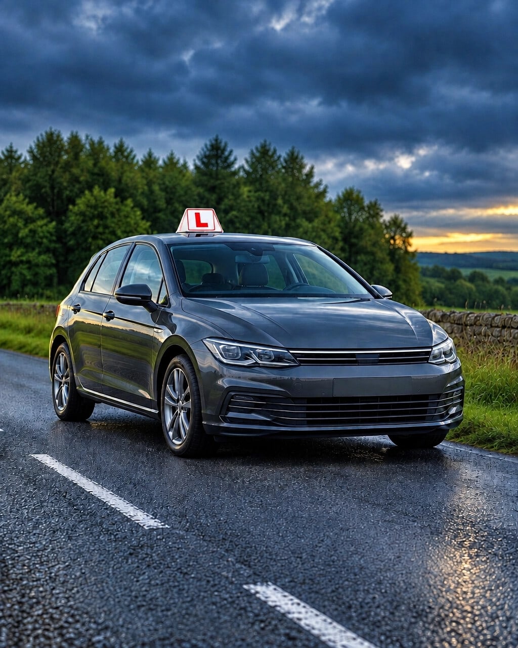 Dark grey learner car with a white roof sign on a wet country road at dusk